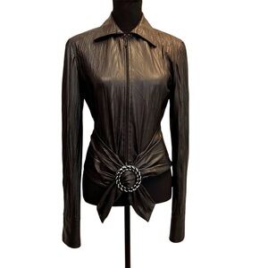 Joseph Ribkoff black faux leather full zip front buckle jacket wrinkled style 6